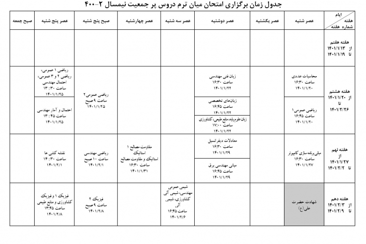 جدول زمان برگزاري امتحانات ميان ترم دروس پر جمعيت نيمسال 2-400